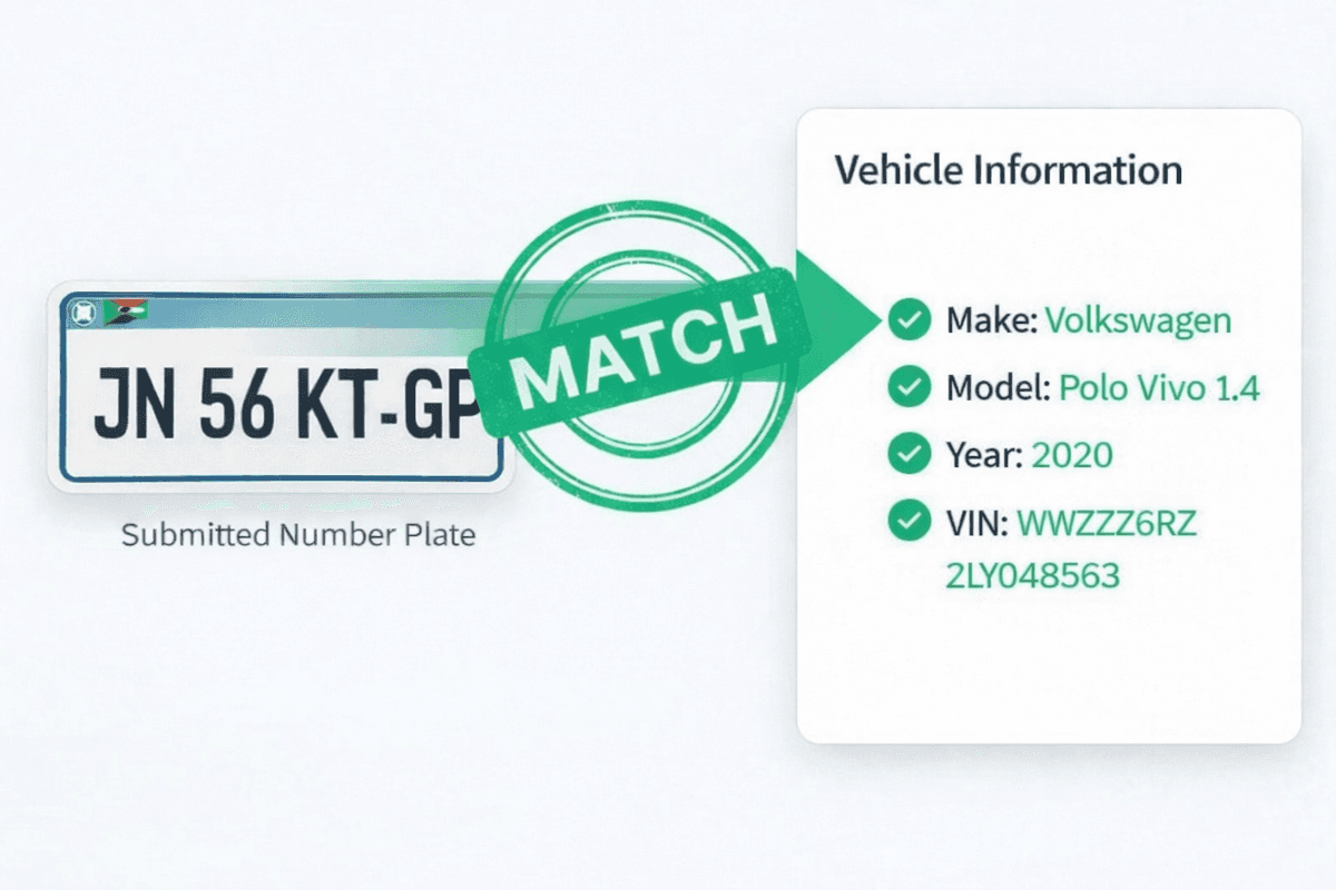Number Plate Lookup - Vehicle verification showing SA plate matched with vehicle details including make, model, year and VIN